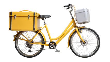 Yellow delivery bicycle with luggage box and basket isolated on transparent background for urban transportation and retro vintage style design