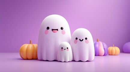 Happy family of cute ghosts with pumpkins on a purple background.