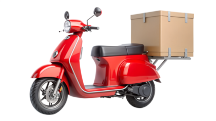 Red delivery scooter with box isolated on transparent background for urban transportation and retro vintage style design