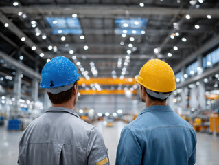 Two industrial engineers wearing hard hats supervising manufacturing plant operations