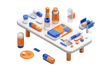 3D illustration of various medical supplies on a table