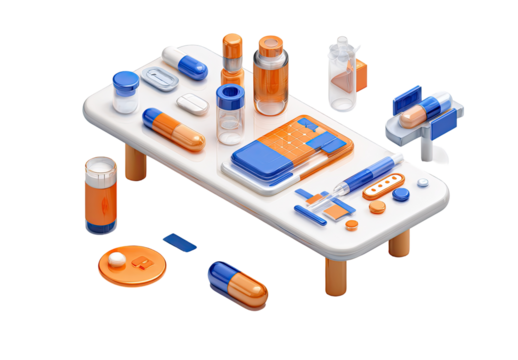 3D illustration of various medical supplies on a table