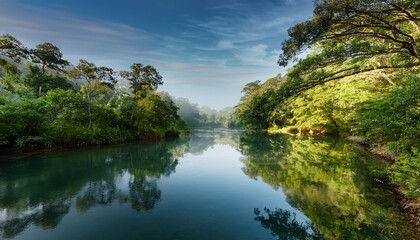 Obraz premium calm river flows gently beside lush tree filled shores creating a peaceful and serene atmosphere