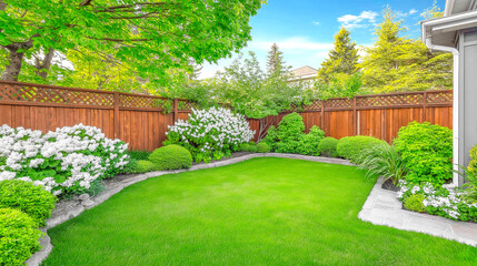 Green garden with blooming white flowers and wooden fence