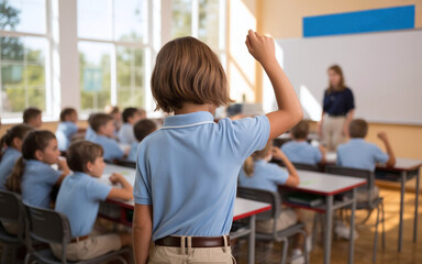 back view of a student raising their hand in a classroom