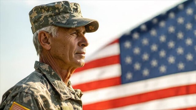 Mature military man profile against american flag