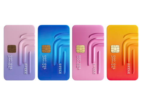 Four colorful credit cards in a horizontal row - Powered by Adobe