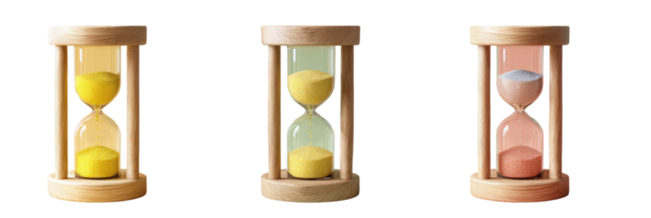 Three wooden hourglasses with different colored sand