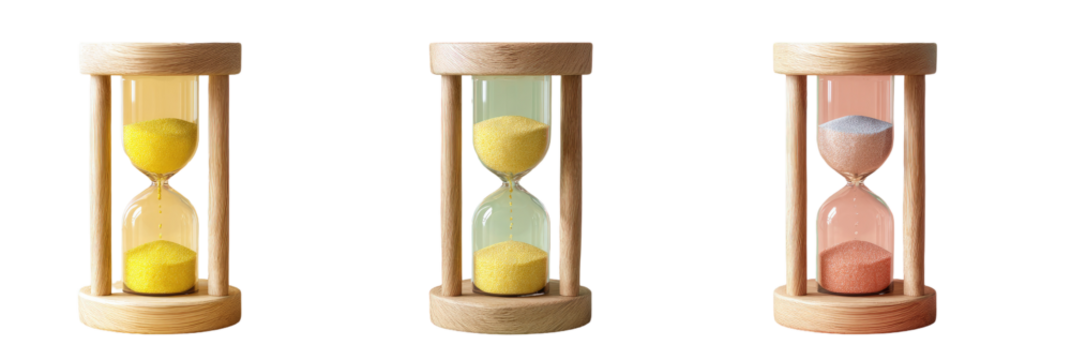 Three wooden hourglasses with different colored sand