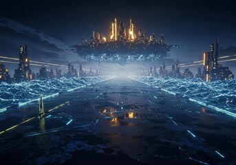 Fototapeta premium Futuristic Cityscape with Floating Sky City and Neon Lights at Night