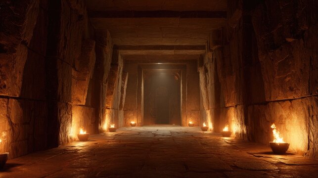 Ancient stone corridor lit by flickering flames