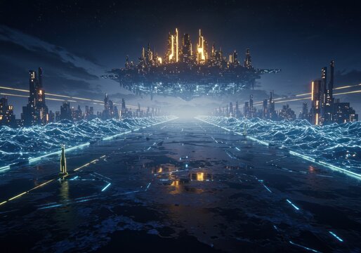 Futuristic Cityscape with Floating Sky City and Neon Lights at Night