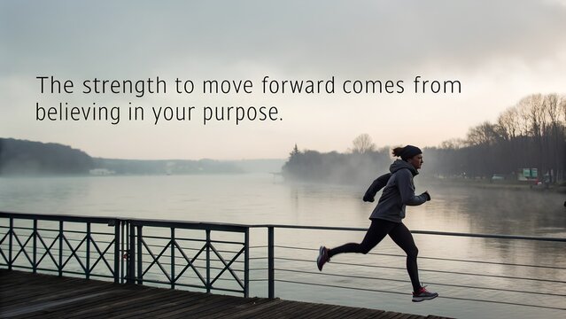 Woman running by a misty lake with motivational quote.