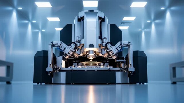 Electronbeam lithography maskwriter vault illuminated by soft LED lights emphasizing sterile and controlled semiconductor processing space.