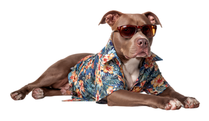 Cool brown dog wearing sunglasses and hawaiian shirt relaxed pose tropical vibes fun pet photo