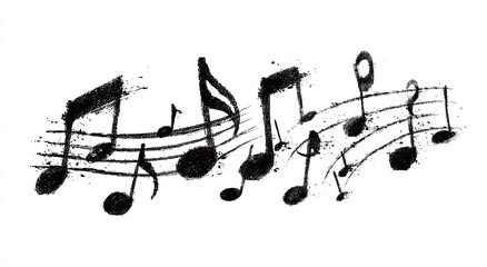 Abstract musical notes in black ink on white background, featuring stylized staves and notes with brushstrokes