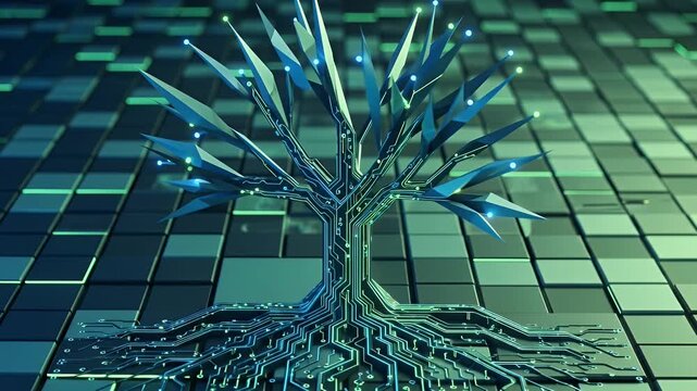 Digital Circuit Tree Structure Over Square Tiles in Teal and Blue Colors