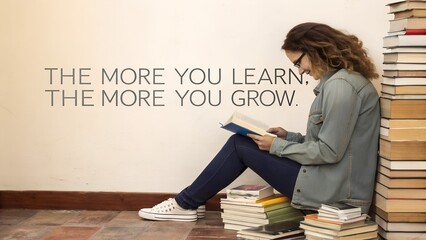 Young Woman Reading on Floor with Inspirational Learning Quote.