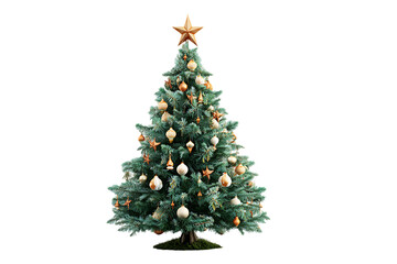 Festive christmas tree adorned with ornaments and topped with a golden star isolated for holiday celebrations