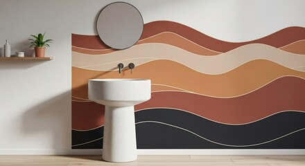 Modern Bathroom with Abstract Wavy Wall Mural