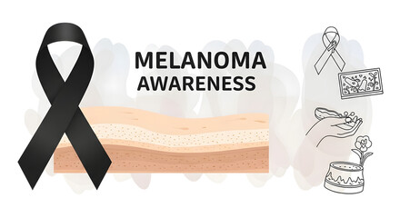 Melanoma awareness illustration with black ribbon, skin layers, and symbolic drawings.
