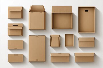 Assorted cardboard boxes, various shapes and sizes, displayed top-down on a white background with subtle shadows