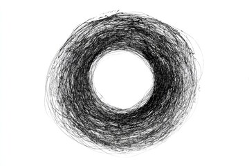 Abstract circular form, densely textured with flowing lines