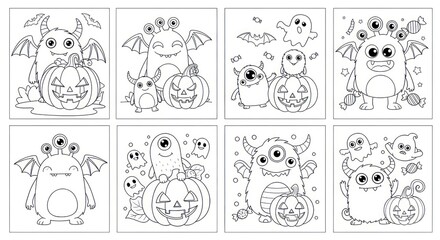 Set of Cute Halloween Monster Coloring Pages for Kids, Spooky Holiday Vector Illustration