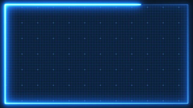 Blue neon grid frame for stage presentation, simple blueprint guide table panel motion graphic, digital square line pattern technology screen, empty futuristic computer monitor loading background