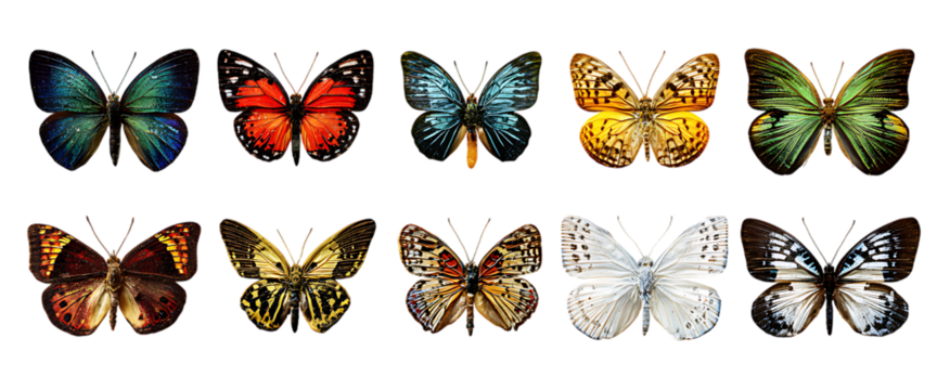 Collection of realistic butterflies in various vibrant colors and textures presented creatively
