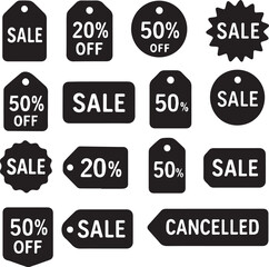 Black silhouette discount and sale icons set with bold typography. Includes 20%, 50%, sale, cancelled labels. Perfect for e-commerce, shopping, marketing, and promotional designs.