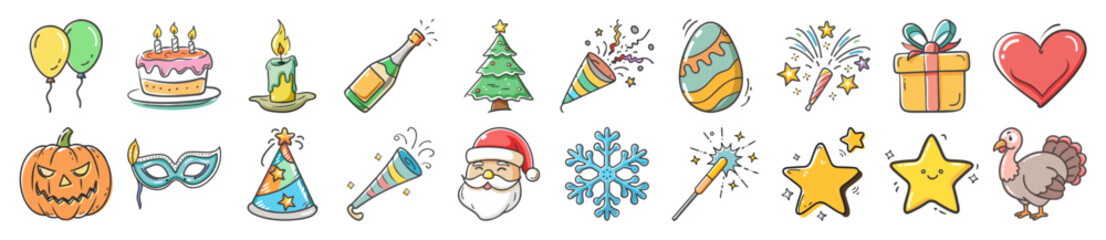 Celebration and holiday doodle icons collection - Hand-drawn doodle icons representing celebrations and holidays including birthdays, Christmas, New Year, Halloween, gifts, fireworks, love, 