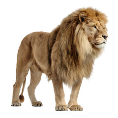 Fototapeta premium Majestic Lion Standing Proudly with a Thick Mane Showcasing its Strength and Beauty in the Light Isolated on transparent background, cutout