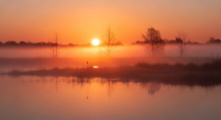 Obraz premium Misty Sunrise Over Calm Lake with Silhouetted Trees and Reflections