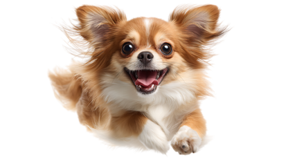 Joyful long haired chihuahua leaps mid-air with a big happy smile captured in dynamic action