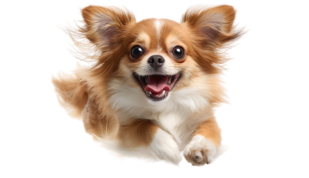 Joyful long haired chihuahua leaps mid-air with a big happy smile captured in dynamic action