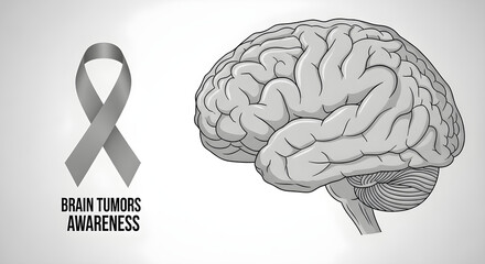A grey ribbon for brain tumor awareness is shown next to a detailed illustration of a human brain.
