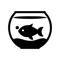 Black silhouette of a pet fish swimming in a simple fishbowl