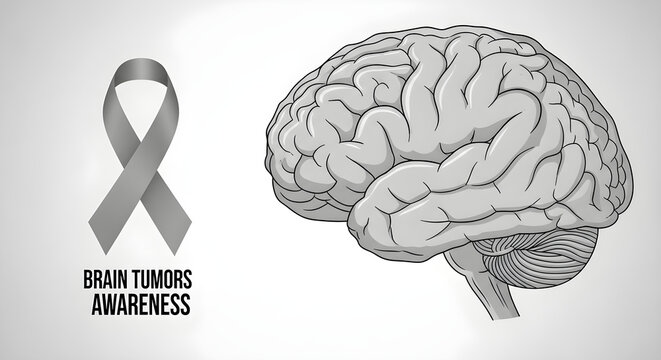 A grey ribbon for brain tumor awareness is shown next to a detailed illustration of a human brain.