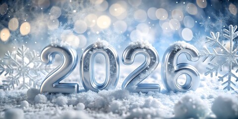 Shiny silver 2026 numbers with snowflakes for a happy new year celebration