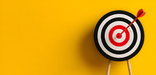 Sign stand with an arrow in the target on a yellow bckground. Hit exactly on cnter. Tactics of advertisig targeting. advertise camaigns. Goal Achievement an Purposefulness