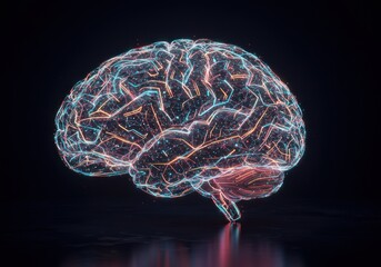 Futuristic Digital Brain Illustration with Neon Lines in Dark Background