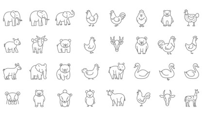 Collection of minimalist animal illustrations for design, featuring mammals, birds, and farm animals in a line art style