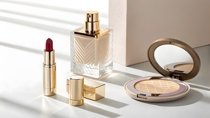 Elegant makeup collection featuring lipstick foundation and compact mirror