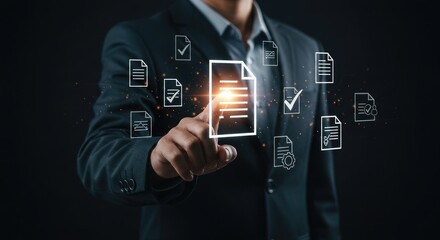 Businessman touching digital document icons in a futuristic interface