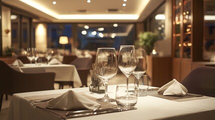 Hotel restaurant with elegant table setting, warm lighting and inviting ambiance. Perfect for hospitality and dining promotion.