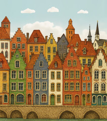 Fototapeta premium The collage from views of historic medieval buildings along a canal in Bruges, Belgium - Art design