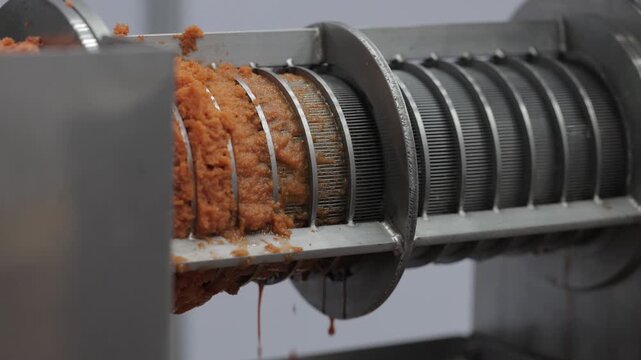 Close up of industrial juice extractor with fresh orange vegetable pulp pressed through metal drum sieve. Concept of juice production, healthy food processing, and beverage manufacturing.
