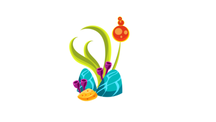 PNG Cartoon underwater sea landscape constructor with fishes and ocean animals, vector undersea world. Underwater coral reef characters of octopus with turtle,