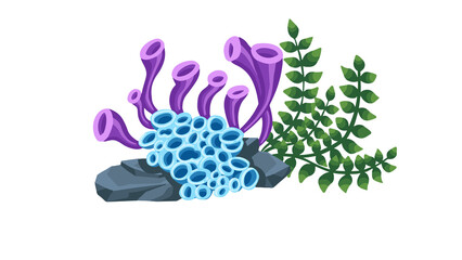 PNG Cartoon underwater sea landscape constructor with fishes and ocean animals, vector undersea world. Underwater coral reef characters of octopus with turtle,